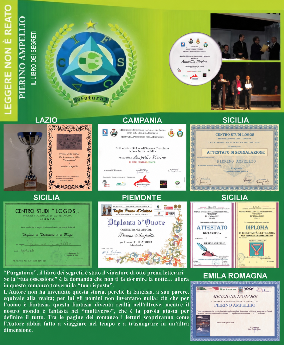 Raccolta di diplomi e riconoscimenti letterari per Purgatorio